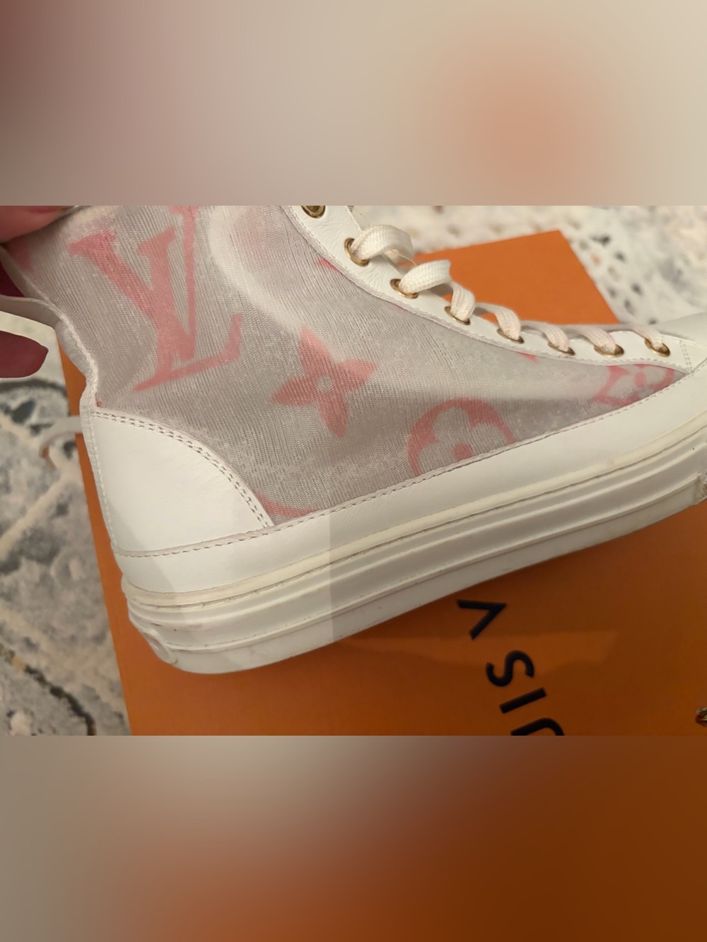 Louis Vuitton White High-Top Sneakers with Pink mesh